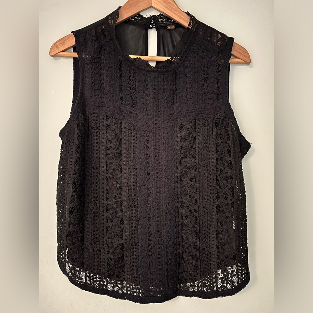 Free People Tea Party Black Lace Sleeveless Top with Sheer Back, Keyhole Closure